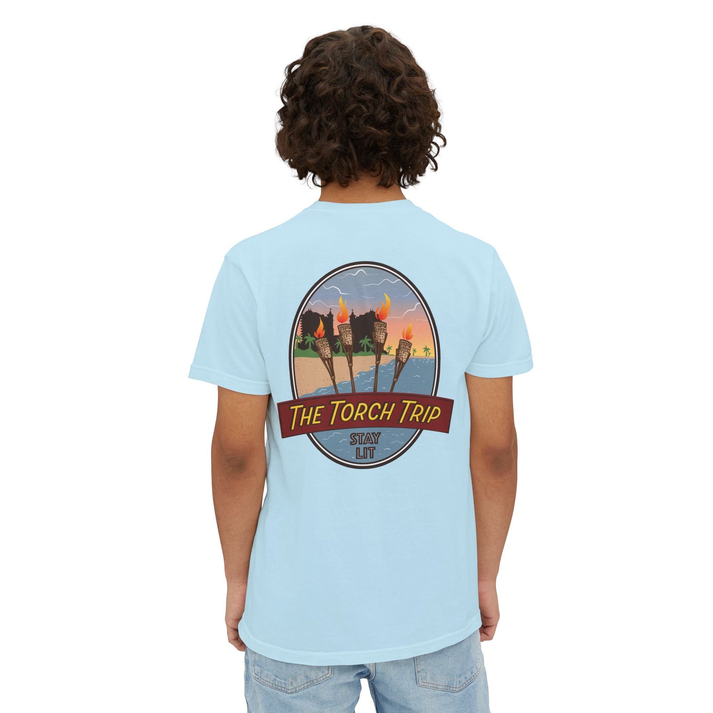 The Torch Trip Pocket T‑Shirt — Retro Sunset Beach Graphic Tee