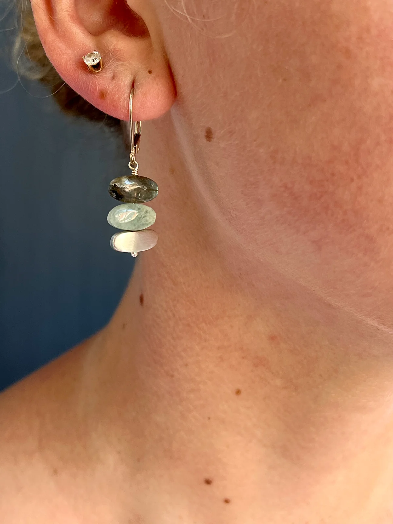 Labradorite, Aqua, Nuggets Silver Earrings