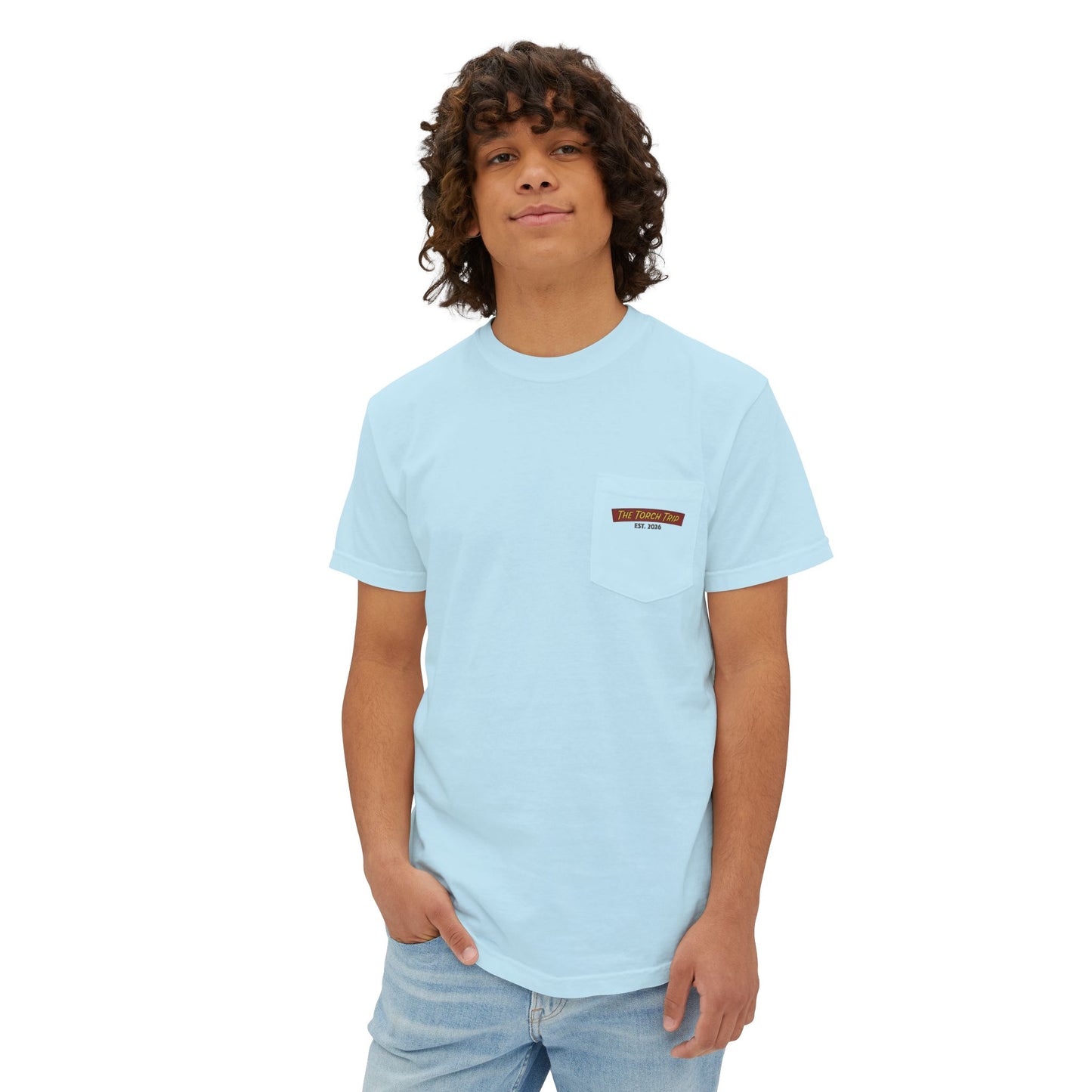 The Torch Trip Pocket T‑Shirt — Retro Sunset Beach Graphic Tee