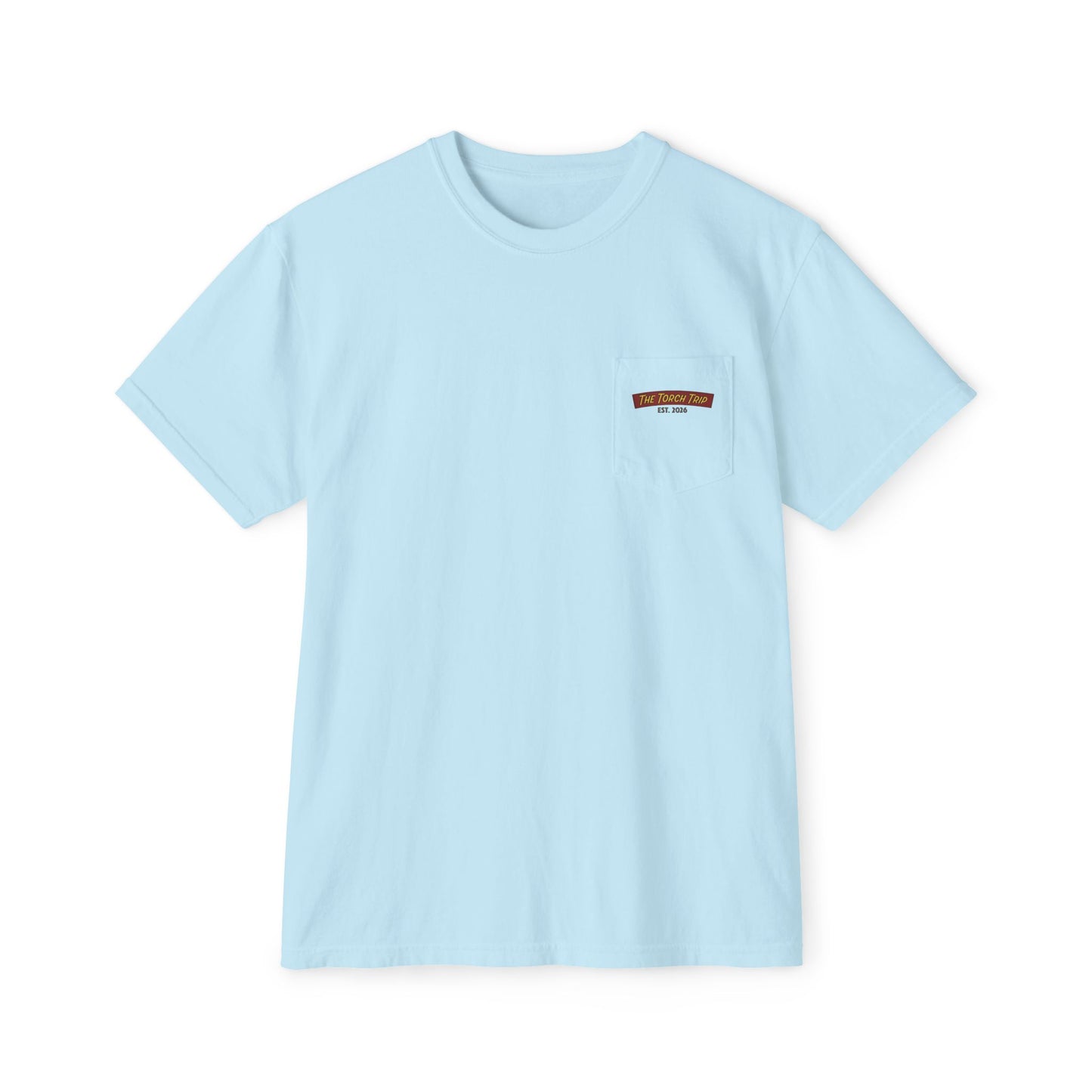 The Torch Trip Pocket T‑Shirt — Retro Sunset Beach Graphic Tee