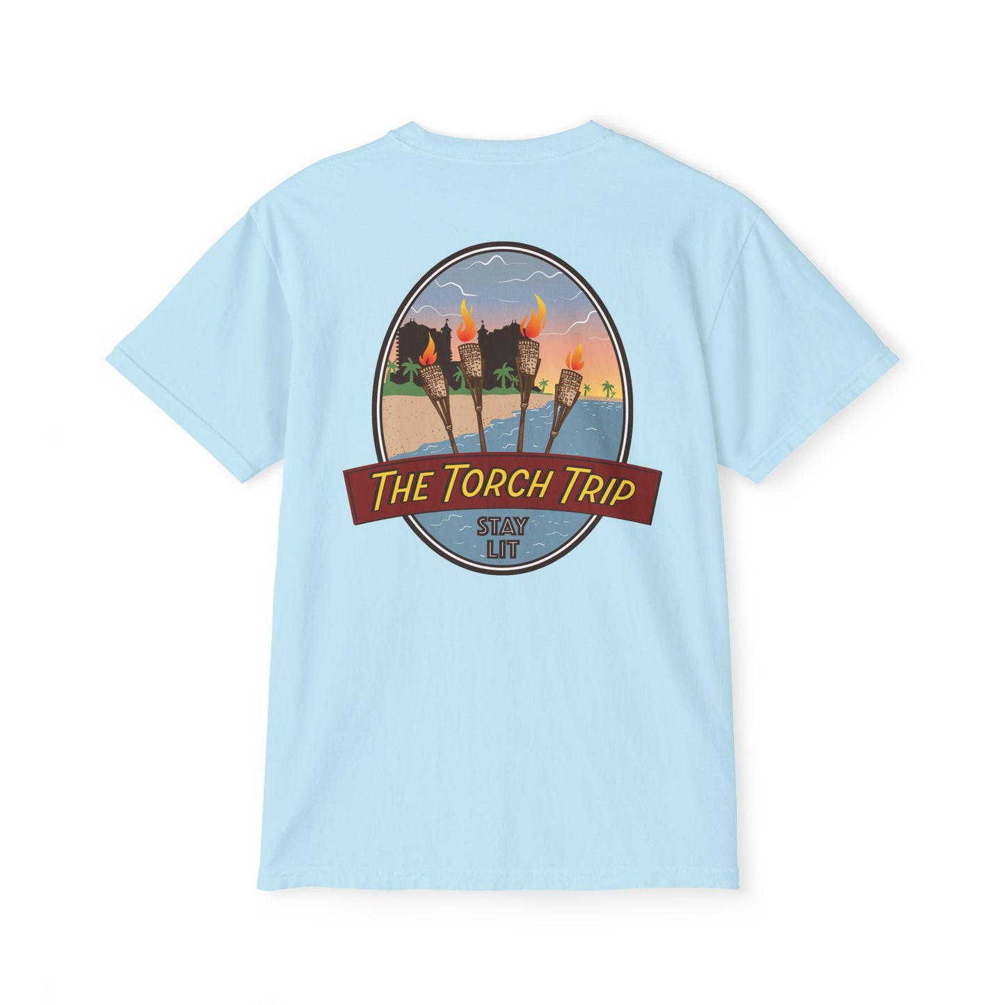 The Torch Trip Pocket T‑Shirt — Retro Sunset Beach Graphic Tee