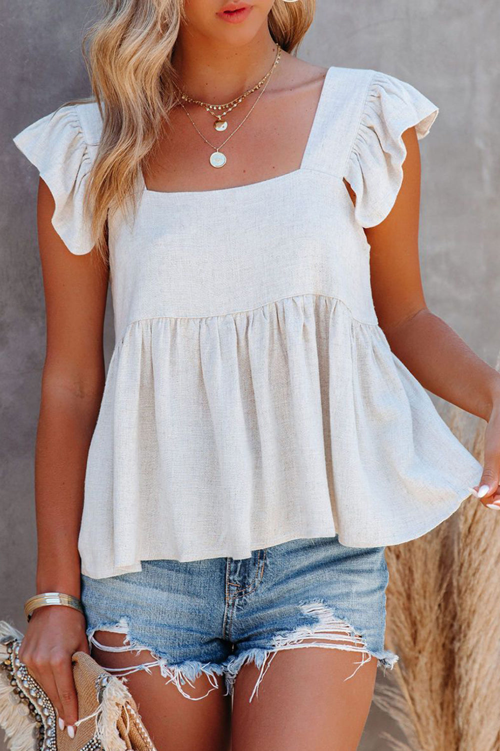 Ruffled Square Neck Flutter Sleeve Blouse